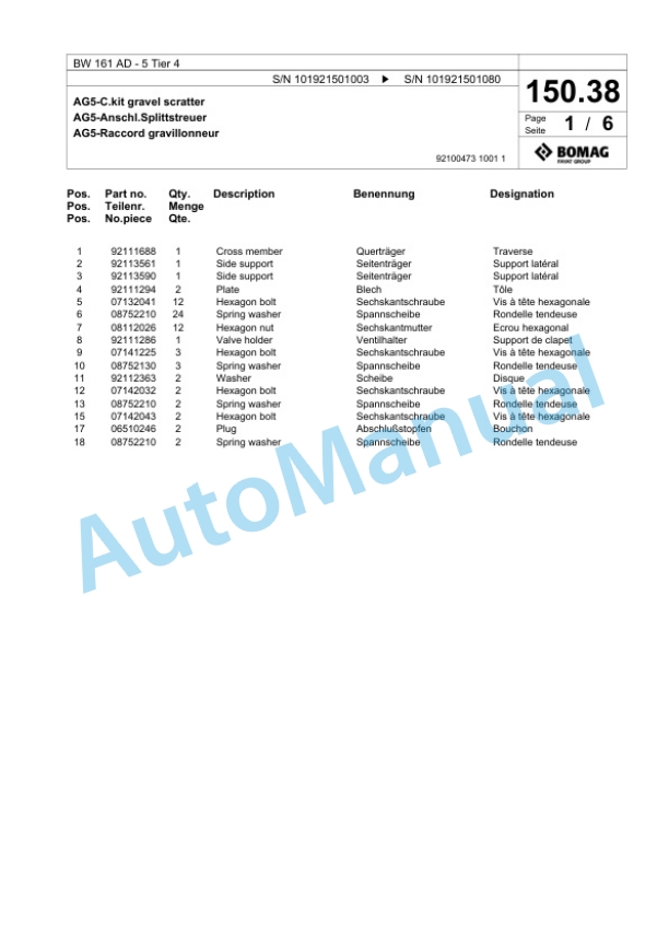 Bomag BW 161 AD-5 Tier 4 Tandem Vibratory Roller Spare Parts Catalogue 00824945-3