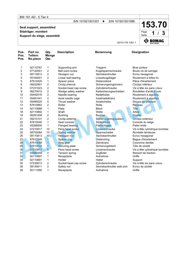Bomag BW 161 AD-5 Tier 4 Tandem Vibratory Roller Spare Parts Catalogue 00824945-4