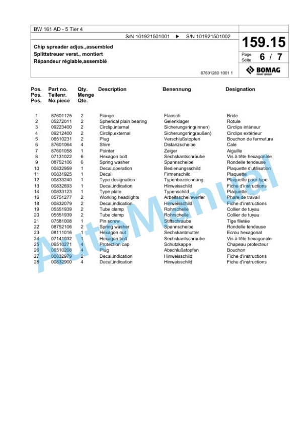 Bomag BW 161 AD-5 Tier 4 Tandem Vibratory Roller Spare Parts Catalogue 00824945-5