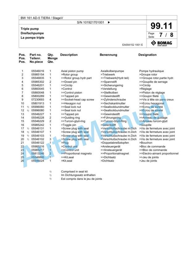 Bomag BW 161 AD-5 TIER4 - StageV Tandem Vibratory Roller Spare Parts Catalogue 00825627-2