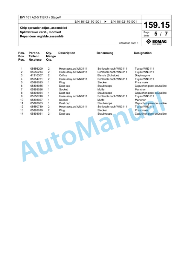 Bomag BW 161 AD-5 TIER4 - StageV Tandem Vibratory Roller Spare Parts Catalogue 00825627-4