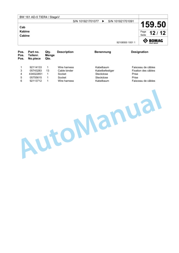 Bomag BW 161 AD-5 TIER4 - StageV Tandem Vibratory Roller Spare Parts Catalogue 00825627-5