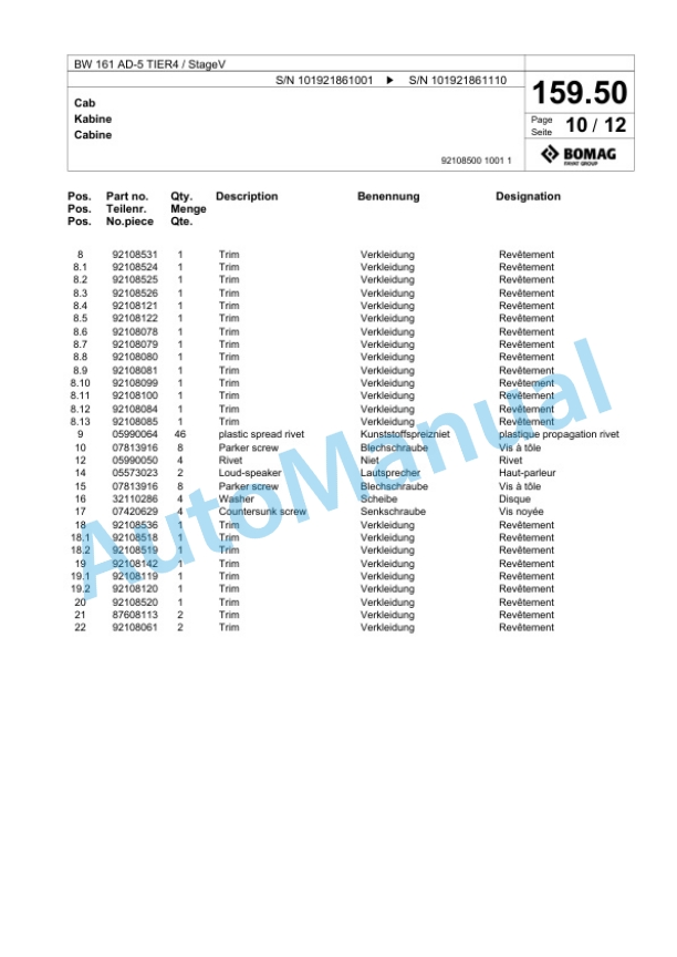 Bomag BW 161 AD-5 TIER4 - StageV Tandem Vibratory Roller Spare Parts Catalogue 00826591-5