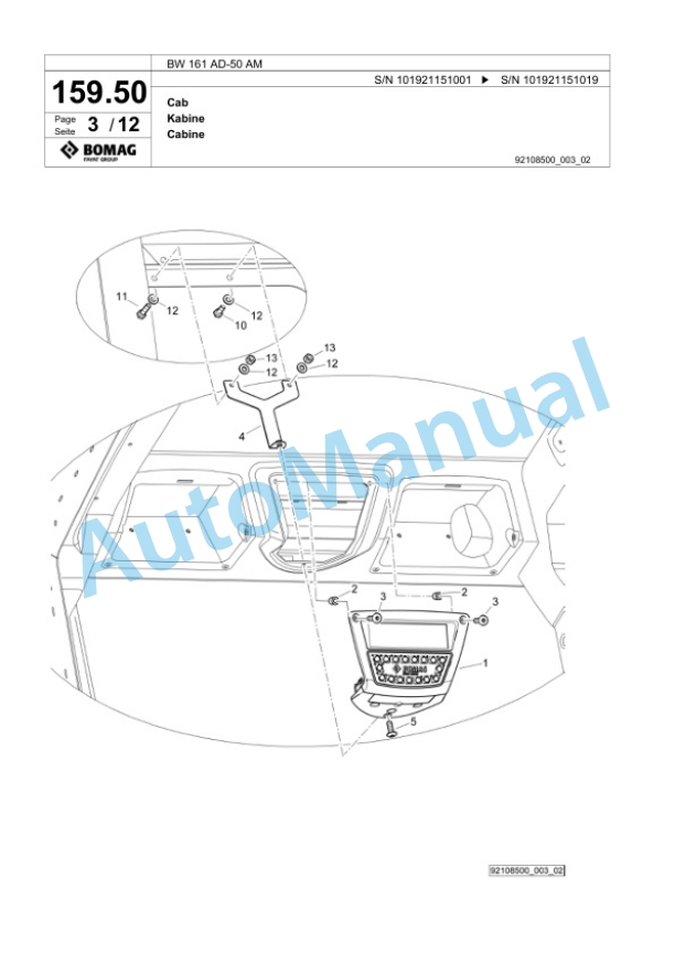Bomag BW 161 AD-50 AM Tandem Vibratory Roller Spare Parts Catalogue 00825177-5