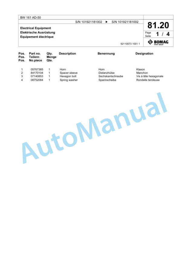 Bomag BW 161 AD-50 Tandem Vibratory Roller Spare Parts Catalogue 00824111-2