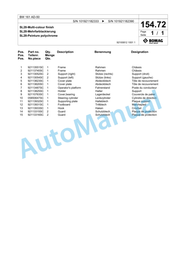 Bomag BW 161 AD-50 Tandem Vibratory Roller Spare Parts Catalogue 00824111-5