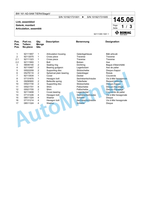 Bomag BW 161 AD-5AM TIER4 - StageV Tandem Vibratory Roller Spare Parts Catalogue 00825633-3