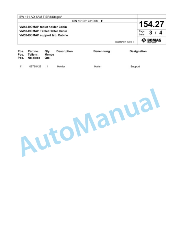 Bomag BW 161 AD-5AM TIER4 - StageV Tandem Vibratory Roller Spare Parts Catalogue 00825633-4