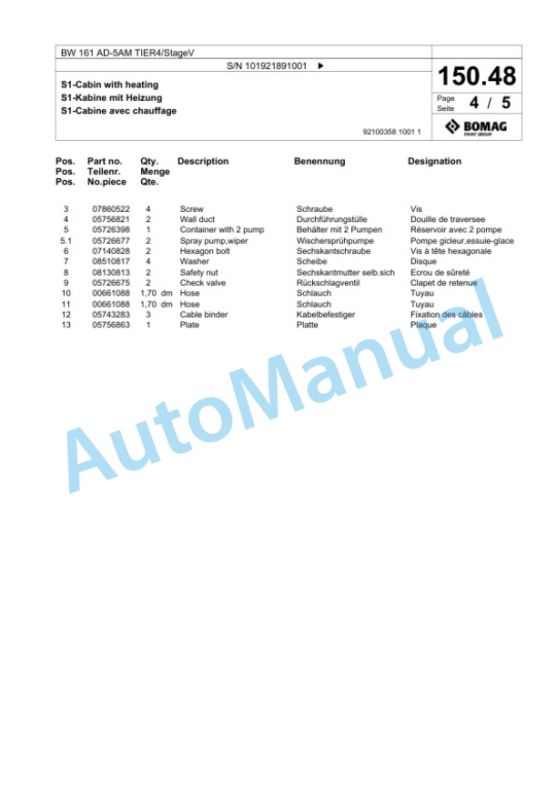 Bomag BW 161 AD-5AM TIER4 - StageV Tandem Vibratory Roller Spare Parts Catalogue 00826603-4