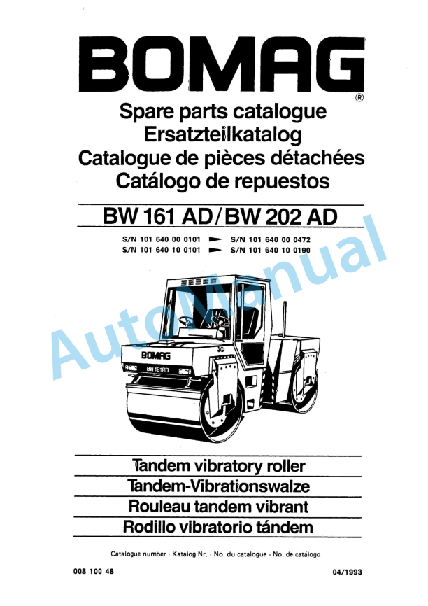 Bomag BW 161 AD, BW 202 AD Tandem Vibratory Roller Spare Parts Catalogue 00810048
