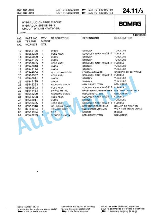 Bomag BW 161 AD, BW 202 AD Tandem Vibratory Roller Spare Parts Catalogue 00810058-2