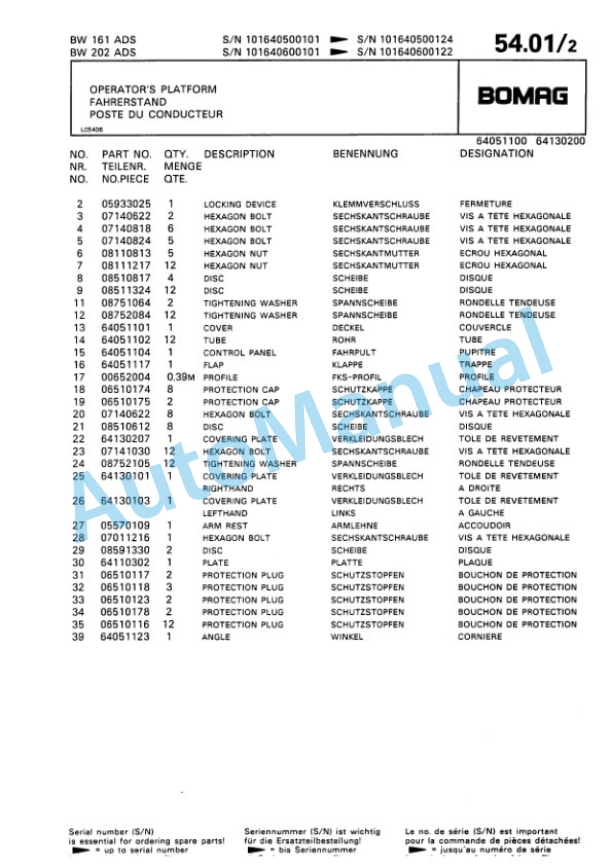Bomag BW 161 AD, BW 202 AD Tandem Vibratory Roller Spare Parts Catalogue 00810058-3