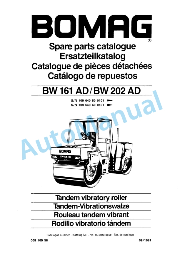 Bomag BW 161 AD, BW 202 AD Tandem Vibratory Roller Spare Parts Catalogue 00810958