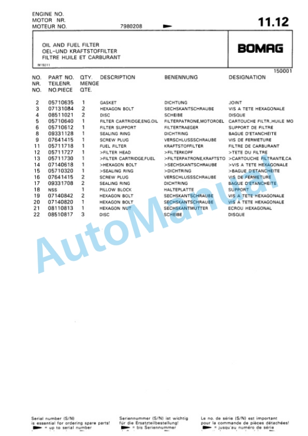 Bomag BW 161 AD, BW 202 AD Tandem Vibratory Roller Spare Parts Catalogue 00810958-2
