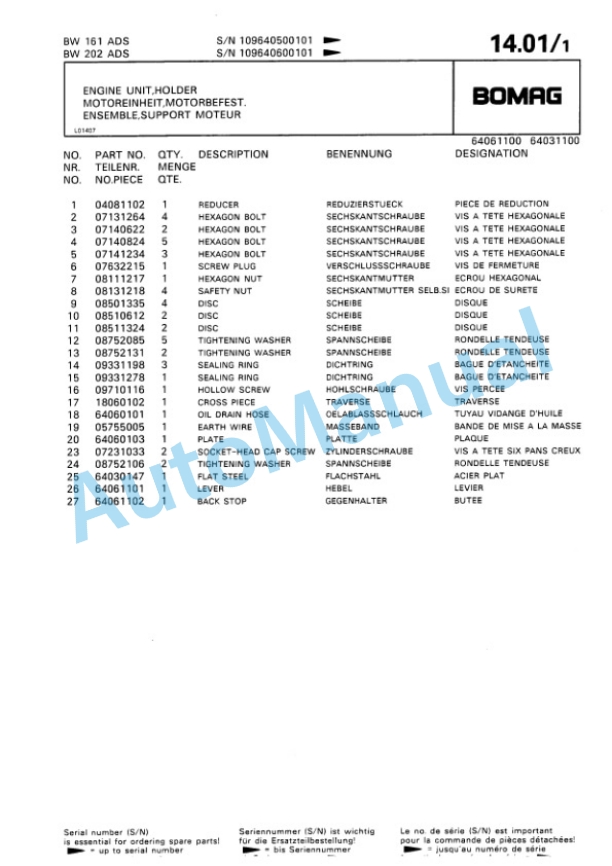 Bomag BW 161 AD, BW 202 AD Tandem Vibratory Roller Spare Parts Catalogue 00810958-5