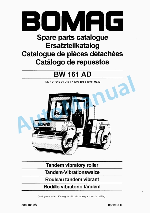 Bomag BW 161 AD Tandem Vibratory Roller Spare Parts Catalogue 00810085