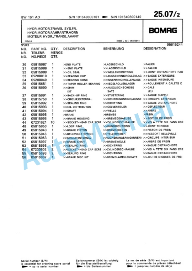 Bomag BW 161 AD Tandem Vibratory Roller Spare Parts Catalogue 00814628-2