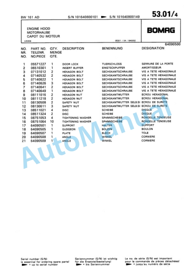 Bomag BW 161 AD Tandem Vibratory Roller Spare Parts Catalogue 00814628-3