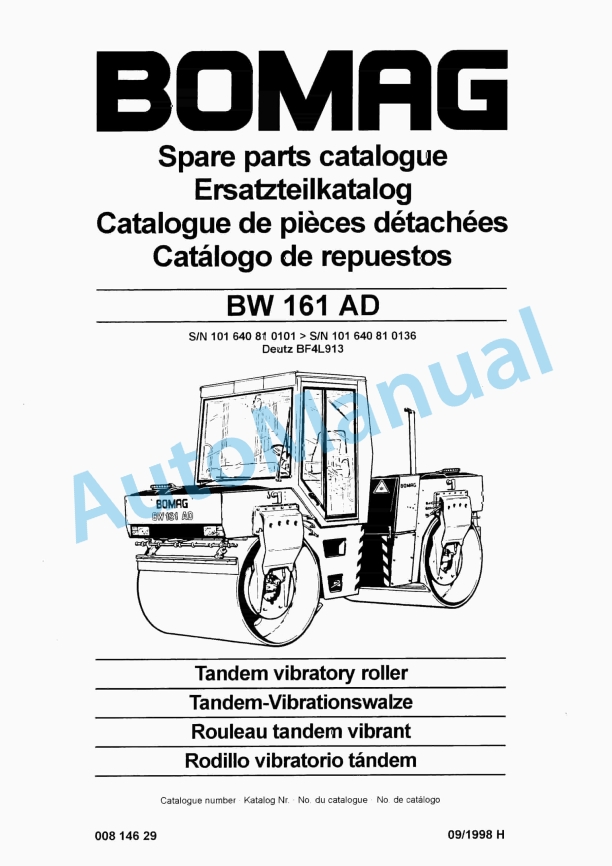 Bomag BW 161 AD Tandem Vibratory Roller Spare Parts Catalogue 00814629