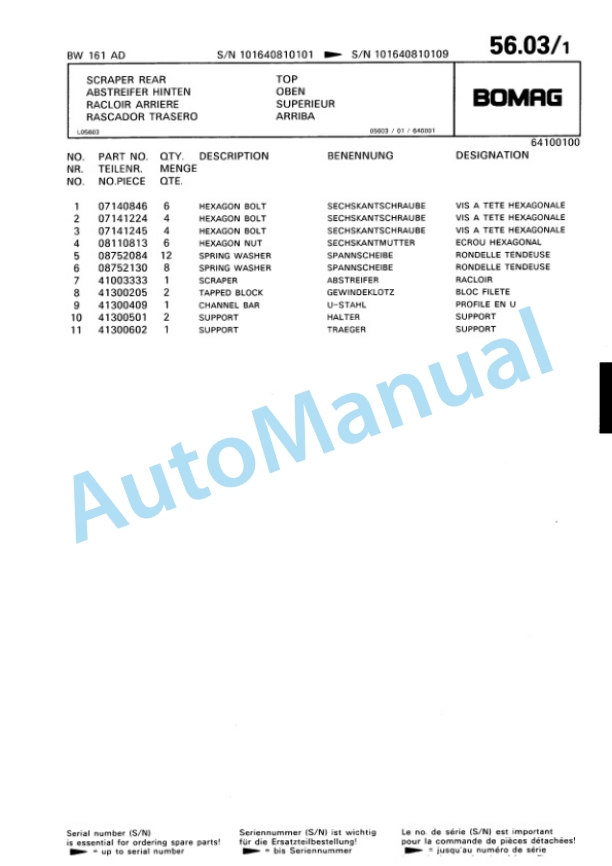 Bomag BW 161 AD Tandem Vibratory Roller Spare Parts Catalogue 00814629-3