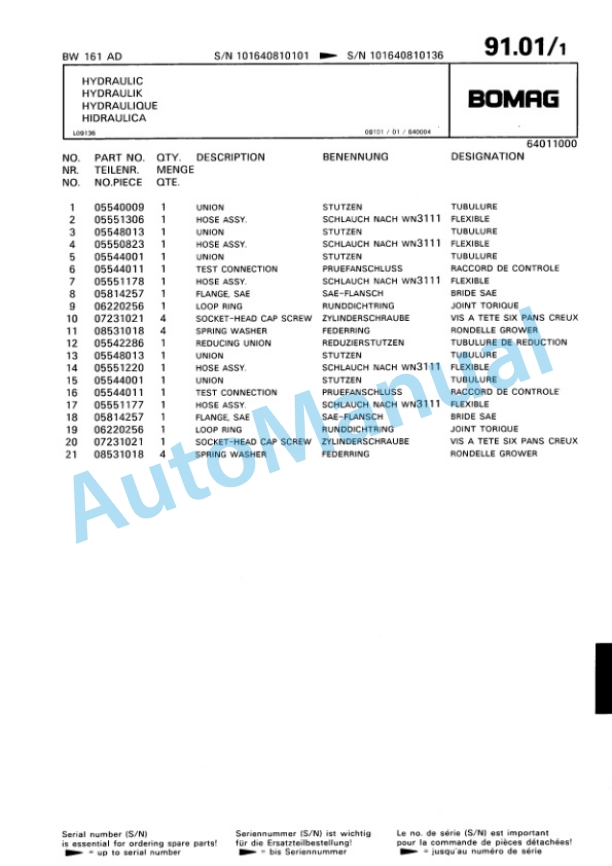 Bomag BW 161 AD Tandem Vibratory Roller Spare Parts Catalogue 00814629-5