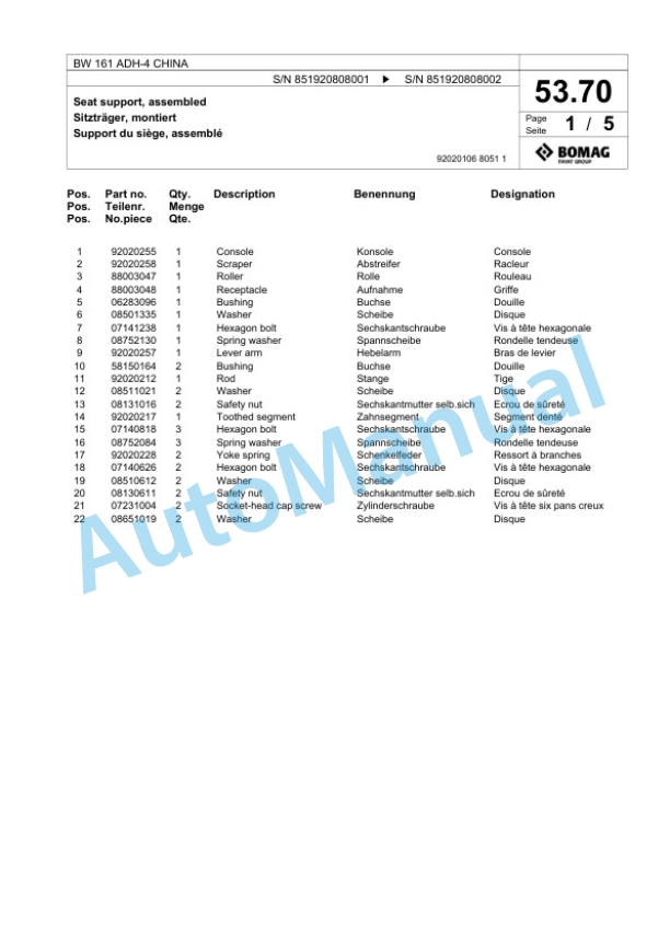 Bomag BW 161 ADH-4 CHINA Tandem Vibratory Roller Spare Parts Catalogue 00818055-2
