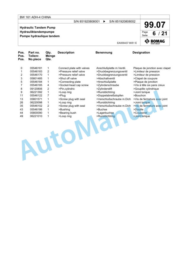 Bomag BW 161 ADH-4 CHINA Tandem Vibratory Roller Spare Parts Catalogue 00818055-4