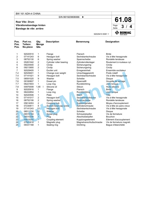 Bomag BW 161 ADH-4 CHINA Tandem Vibratory Roller Spare Parts Catalogue 00818365-2