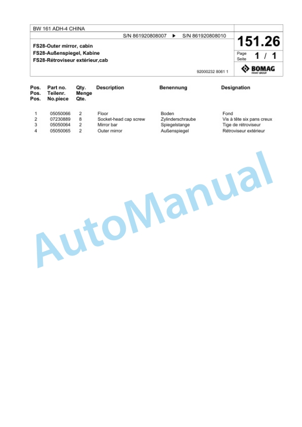 Bomag BW 161 ADH-4 CHINA Tandem Vibratory Roller Spare Parts Catalogue 00818365-5