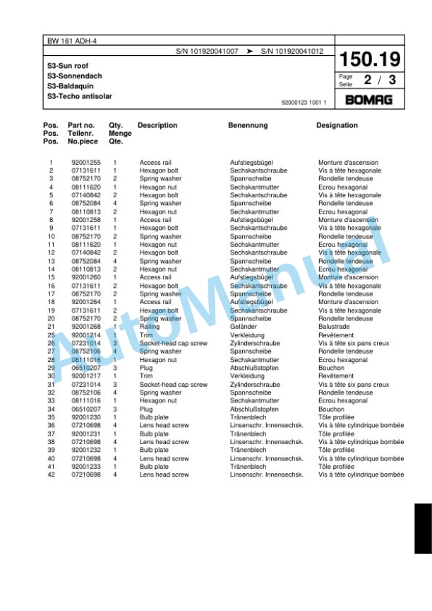 Bomag BW 161 ADH-4 Tandem Vibratory Roller Spare Parts Catalogue 00817739-4