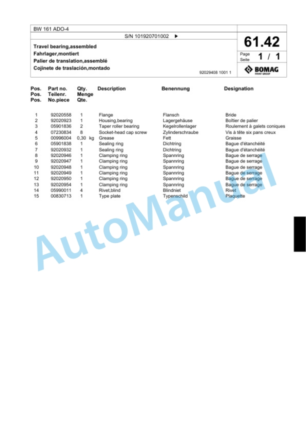 Bomag BW 161 ADO-4 Tandem Vibratory Roller Spare Parts Catalogue 00824333-2