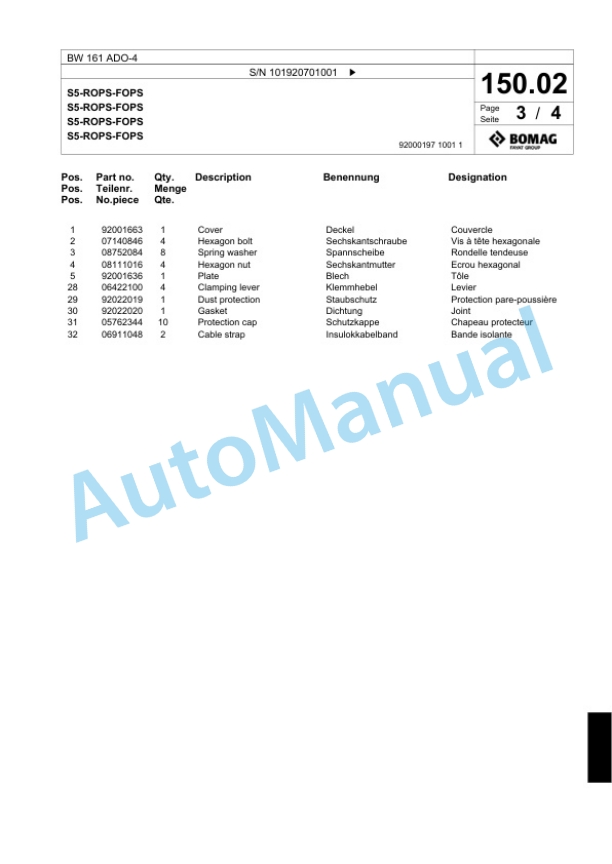 Bomag BW 161 ADO-4 Tandem Vibratory Roller Spare Parts Catalogue 00824333-4