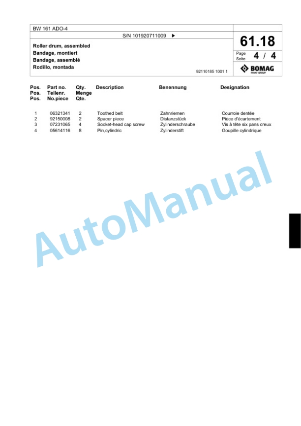 Bomag BW 161 ADO-4 Tandem Vibratory Roller Spare Parts Catalogue 00824335-2