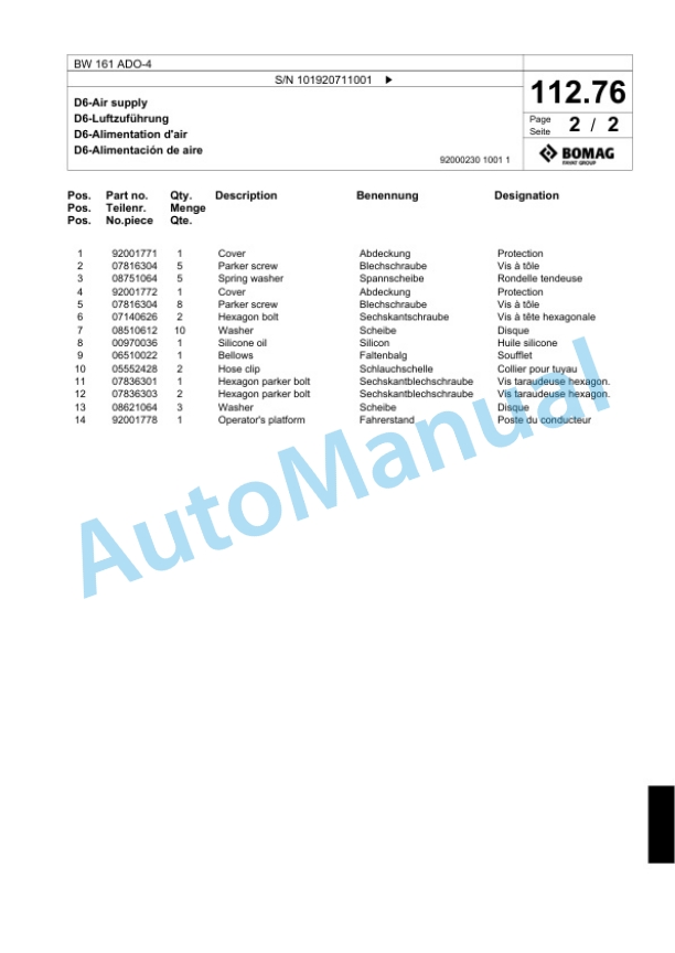 Bomag BW 161 ADO-4 Tandem Vibratory Roller Spare Parts Catalogue 00824335-4
