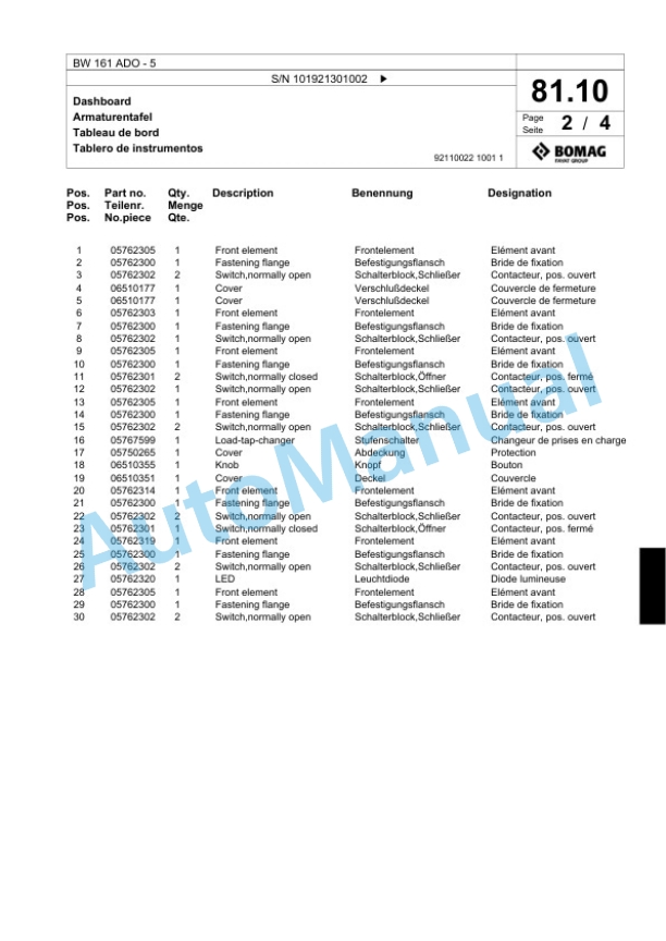 Bomag BW 161 ADO-5 Tandem Vibratory Roller Spare Parts Catalogue 00824359-2