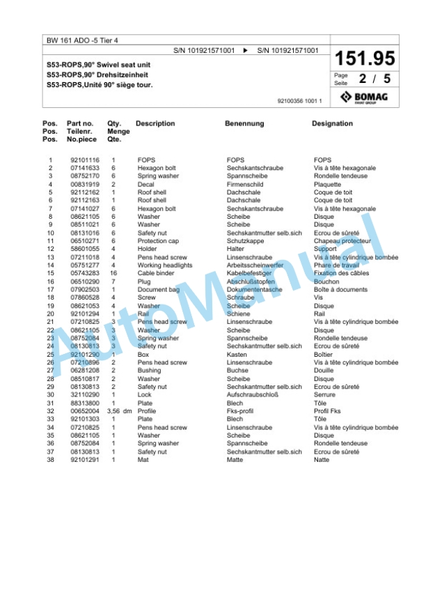 Bomag BW 161 ADO-5 Tier 4 Tandem Vibratory Roller Spare Parts Catalogue 00824947-4