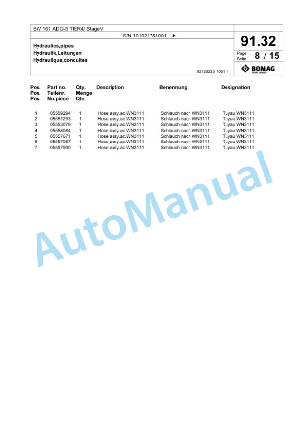 Bomag BW 161 ADO-5 TIER4 - StageV Tandem Vibratory Roller Spare Parts Catalogue 00825637-2