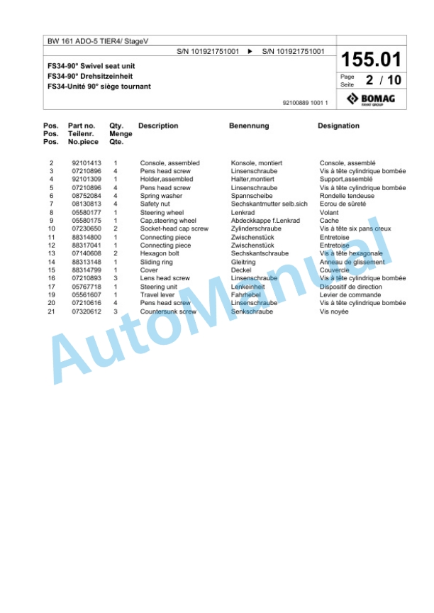 Bomag BW 161 ADO-5 TIER4 - StageV Tandem Vibratory Roller Spare Parts Catalogue 00825637-4