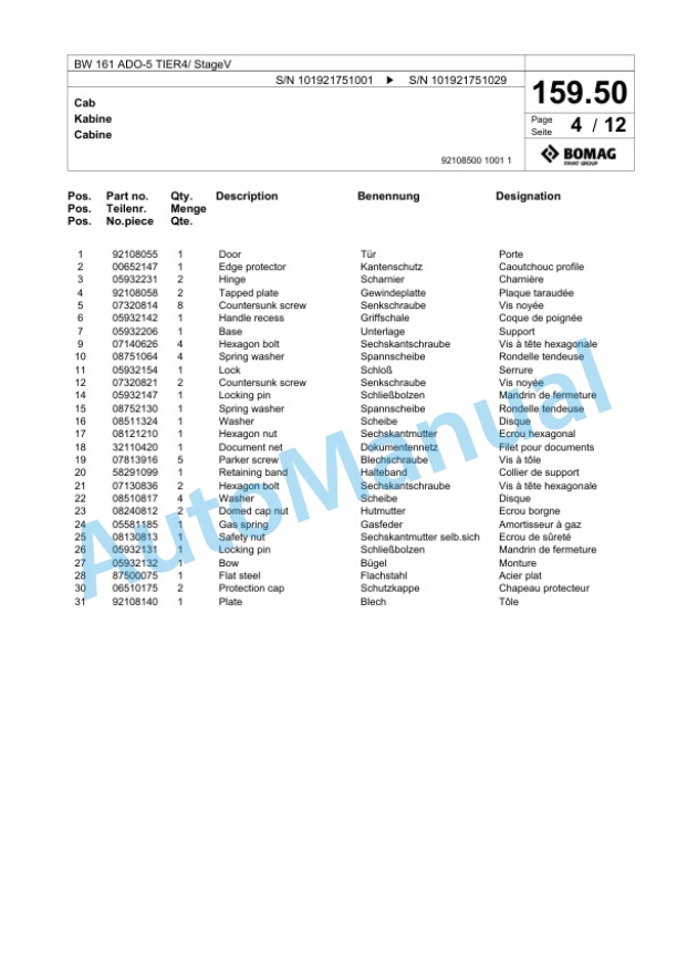 Bomag BW 161 ADO-5 TIER4 - StageV Tandem Vibratory Roller Spare Parts Catalogue 00825637-5