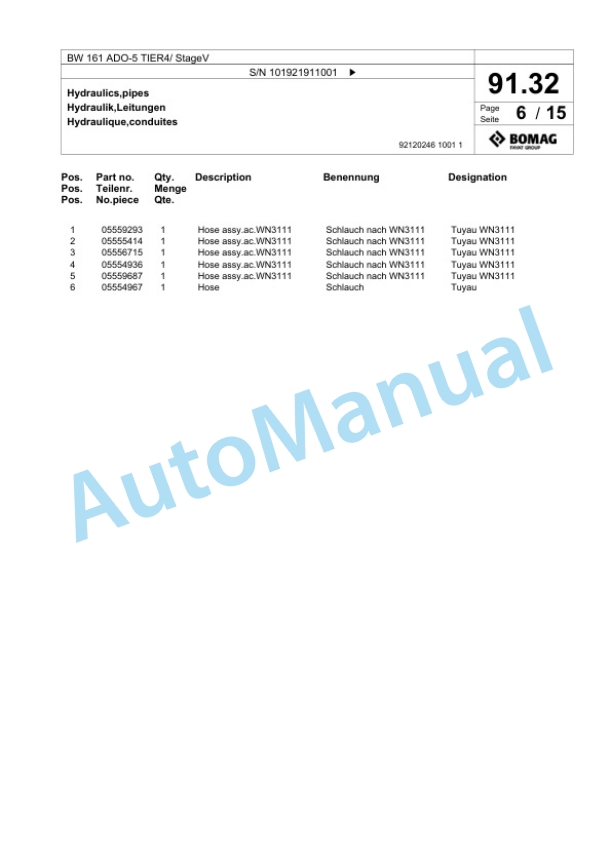 Bomag BW 161 ADO-5 TIER4 - StageV Tandem Vibratory Roller Spare Parts Catalogue 00826593-2
