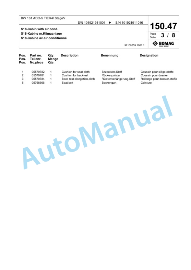 Bomag BW 161 ADO-5 TIER4 - StageV Tandem Vibratory Roller Spare Parts Catalogue 00826593-3