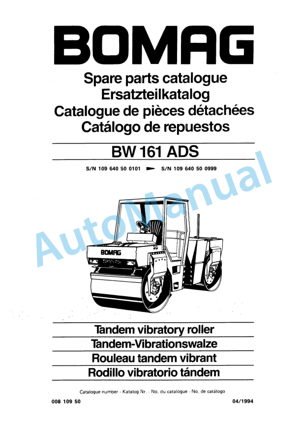 Bomag BW 161 ADS Tandem Vibratory Roller Spare Parts Catalogue 00810950