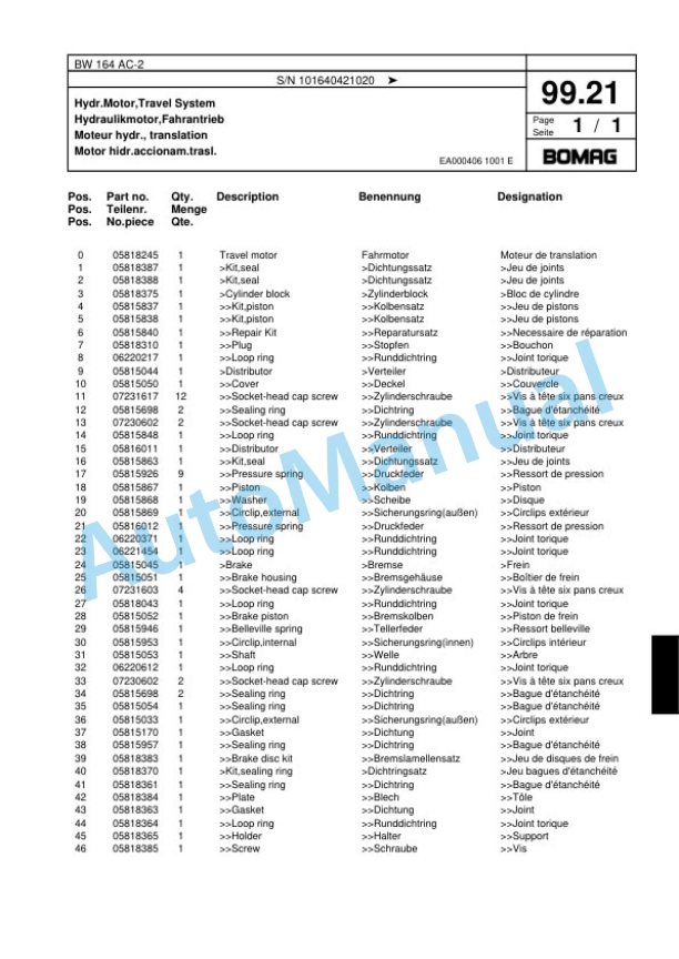 Bomag BW 164 AC-2 Combination Roller Spare Parts Catalogue 00817495-4