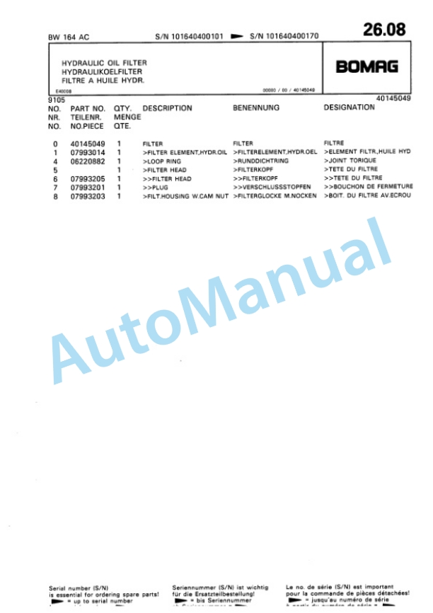 Bomag BW 164 AC Combination Roller Spare Parts Catalogue 00810054-2