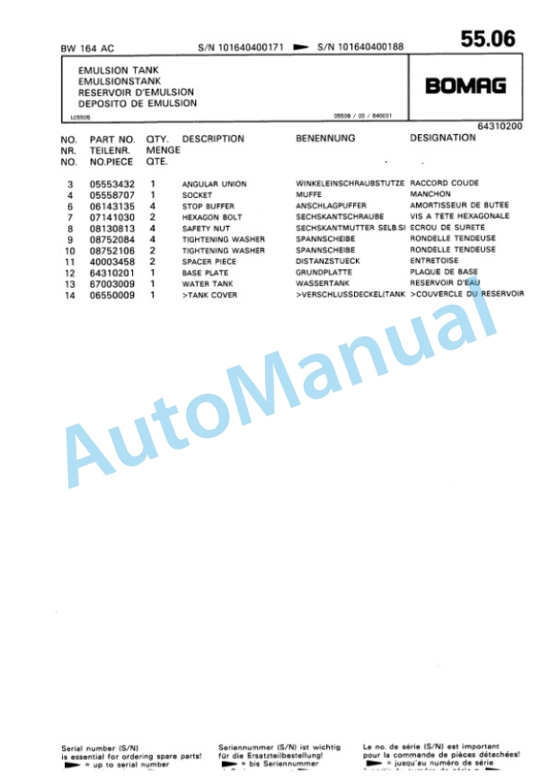 Bomag BW 164 AC Combination Roller Spare Parts Catalogue 00810154-3