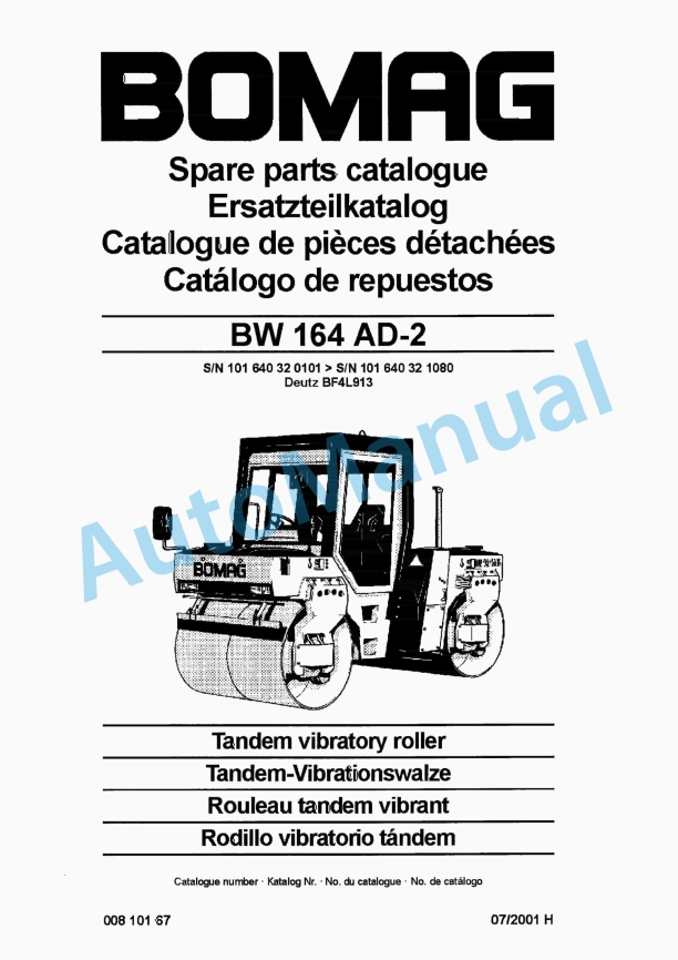 Bomag BW 164 AD-2 Tandem Vibratory Roller Spare Parts Catalogue 00810167