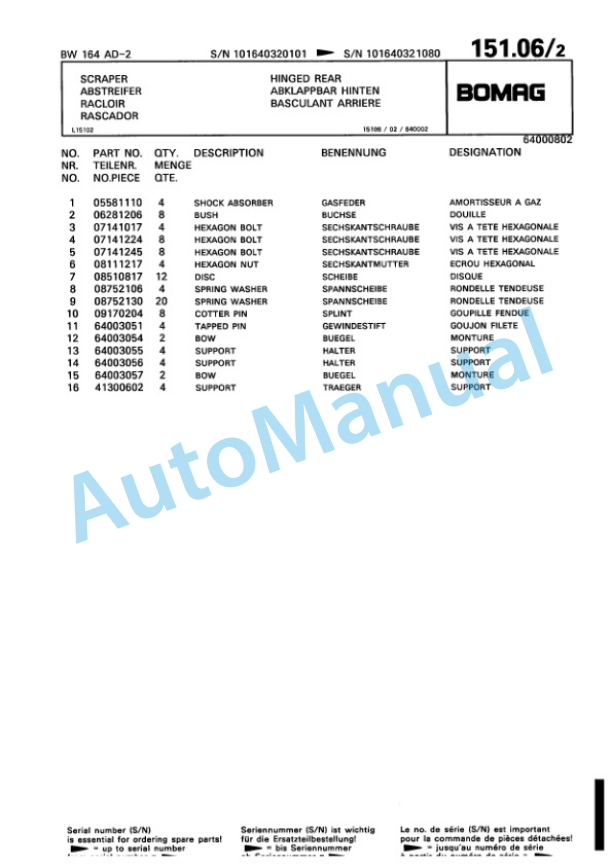 Bomag BW 164 AD-2 Tandem Vibratory Roller Spare Parts Catalogue 00810167-5