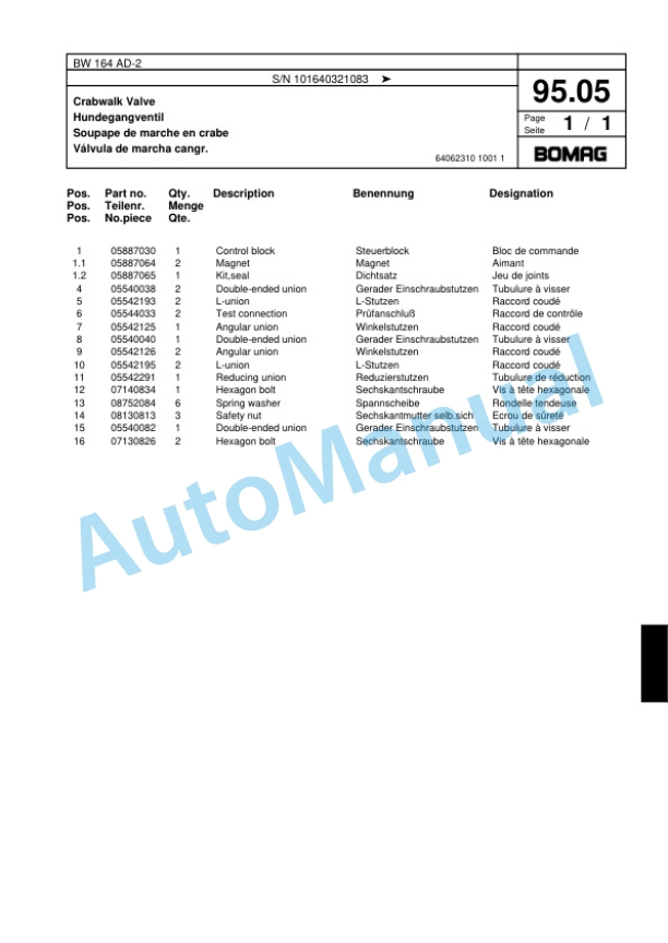 Bomag BW 164 AD-2 Tandem Vibratory Roller Spare Parts Catalogue 00817496-3