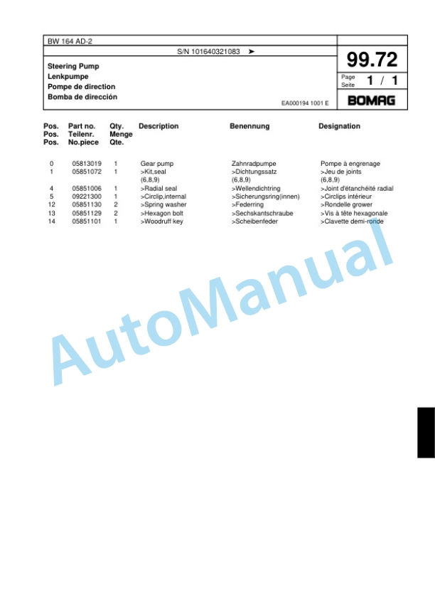 Bomag BW 164 AD-2 Tandem Vibratory Roller Spare Parts Catalogue 00817496-4