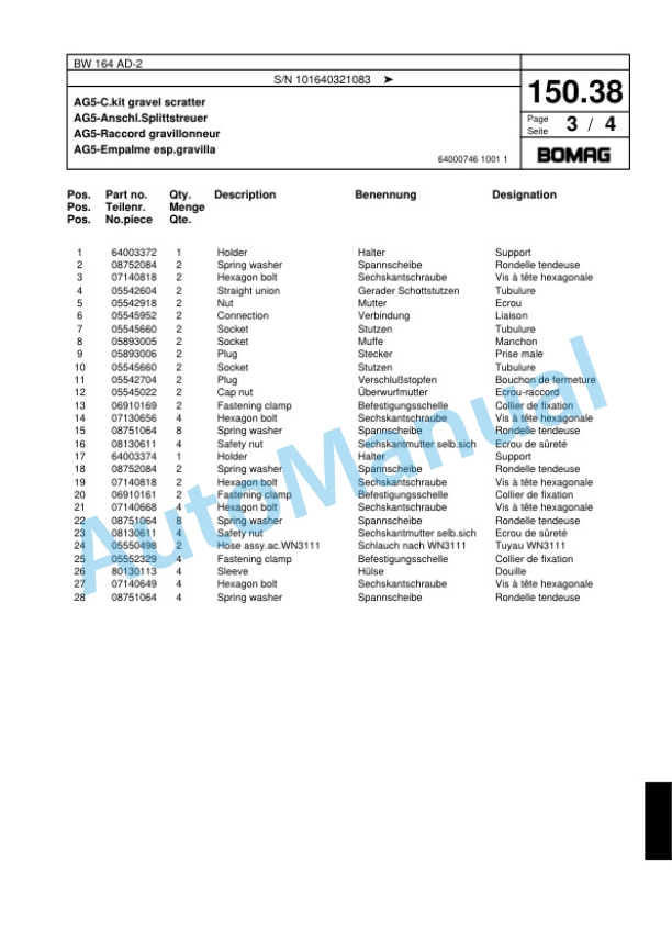 Bomag BW 164 AD-2 Tandem Vibratory Roller Spare Parts Catalogue 00817496-5